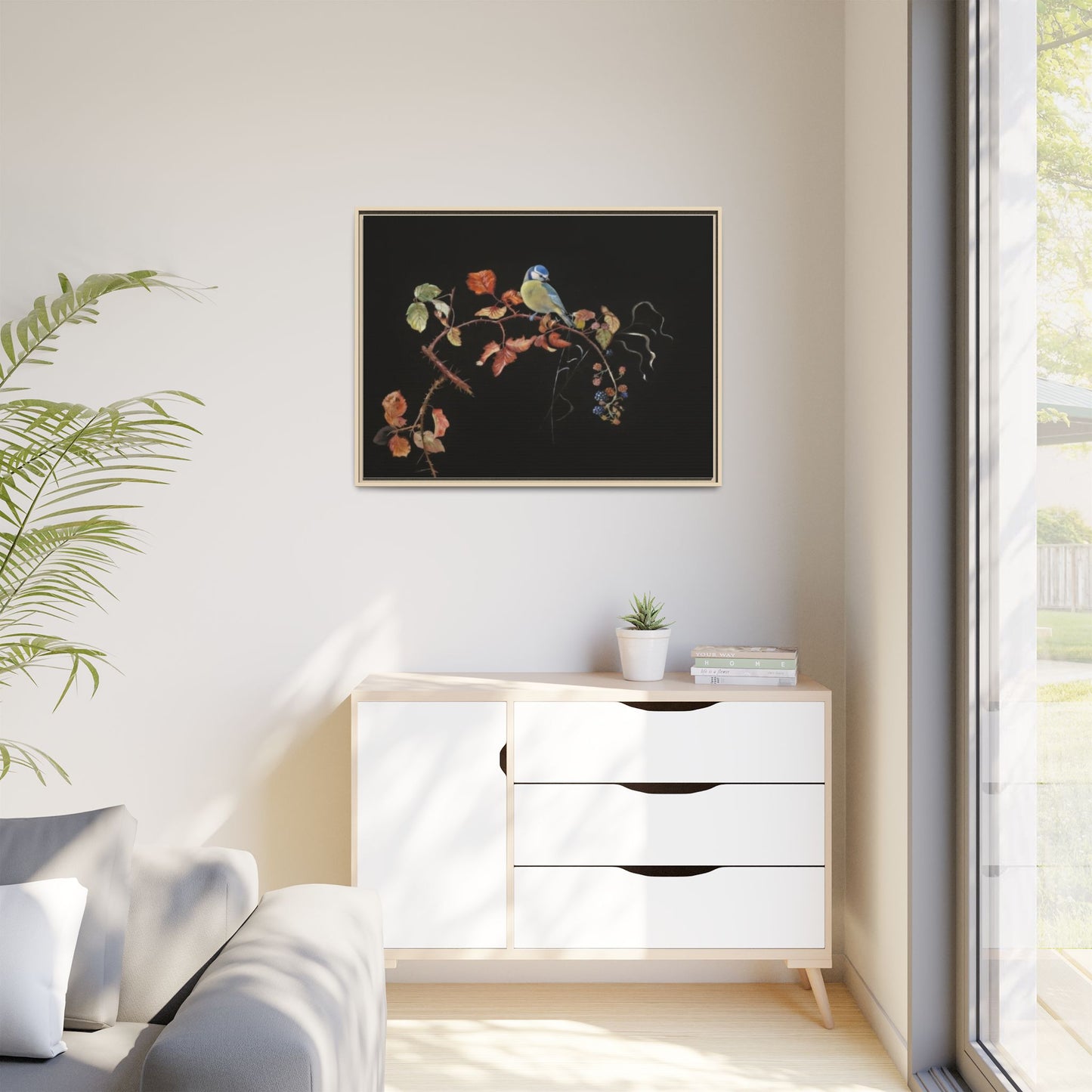 Framed Matte Canvas - Blue Tit on Autumn Branch Wall Art