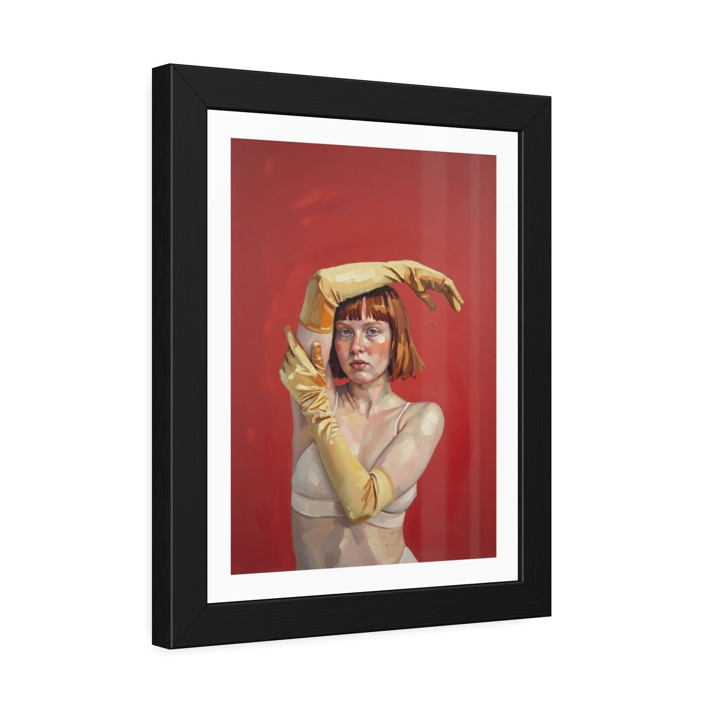 Framed Art Print — Retro Portrait with Yellow Gloves on Red Background