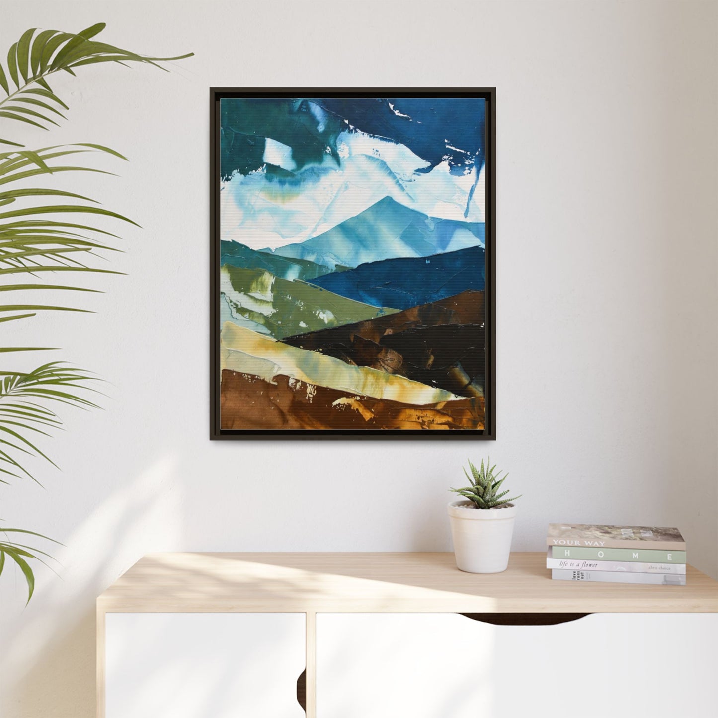 Framed Abstract Mountain Canvas Art — Blue & Earthtone Landscape Print