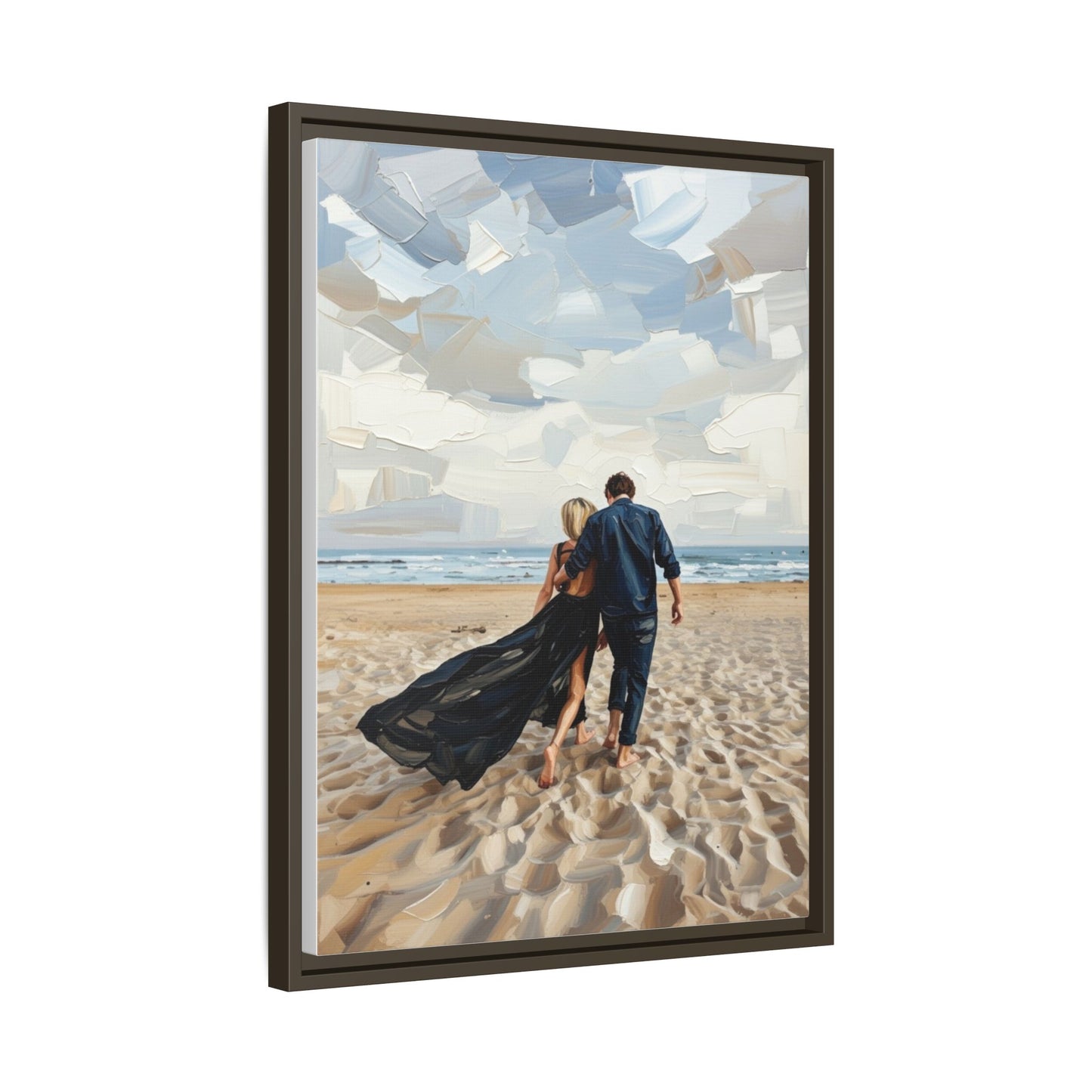 Framed Canvas Wall Art — Romantic Couple Walking on Beach Print