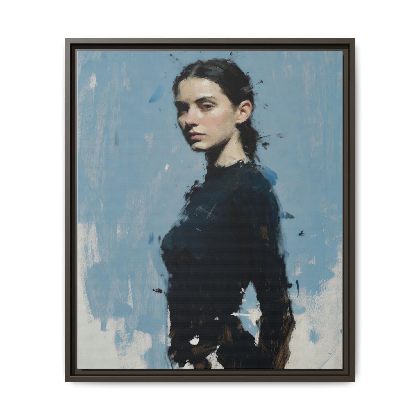 Framed Matte Canvas Portrait Print — Elegant Blue Woman Art