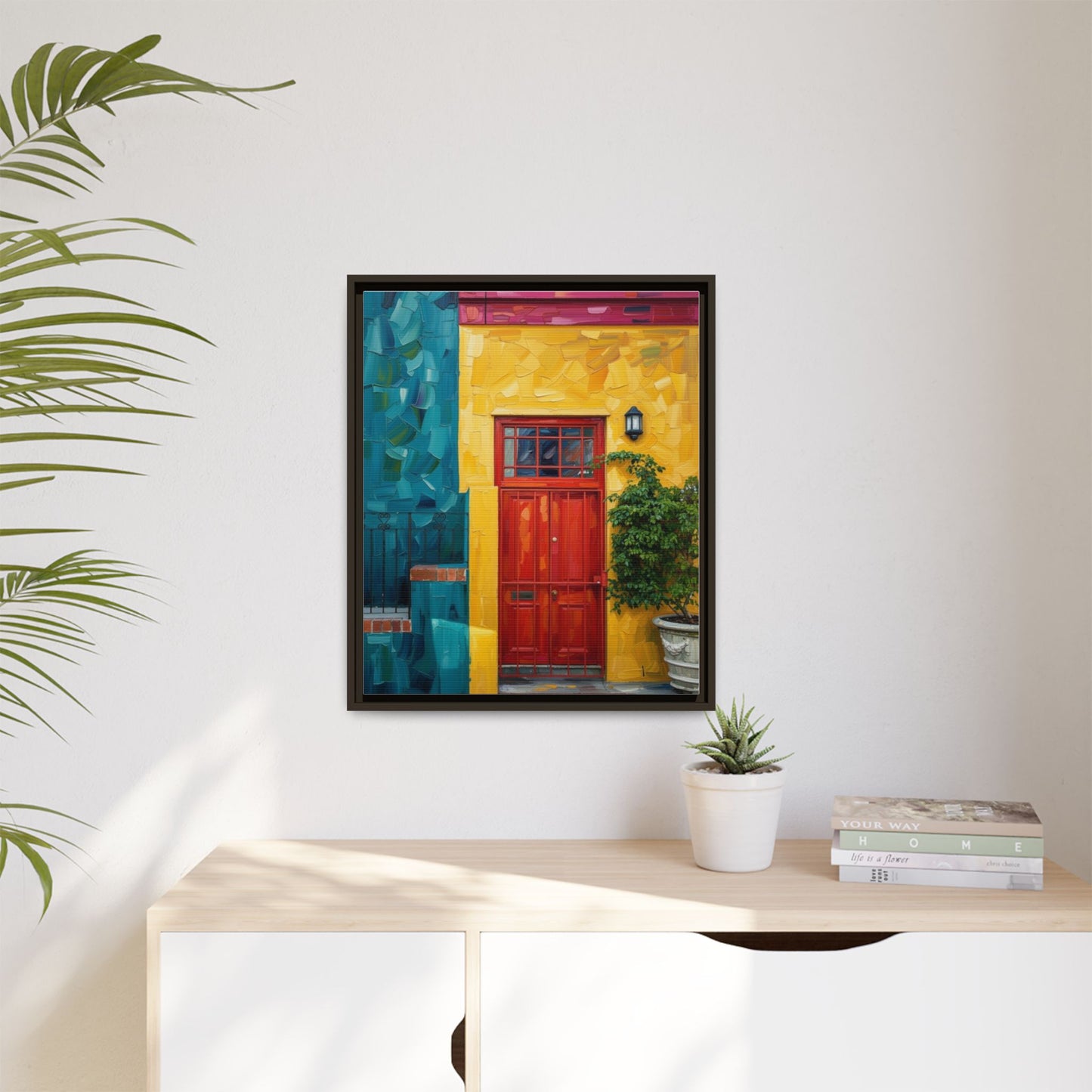 Framed Matte Canvas Wall Art — Colorful Red Door on Yellow Facade