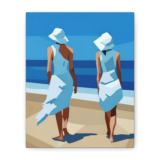 Beach Stroll Canvas Print — Two Women in Blue Sun Hats Matte Stretched