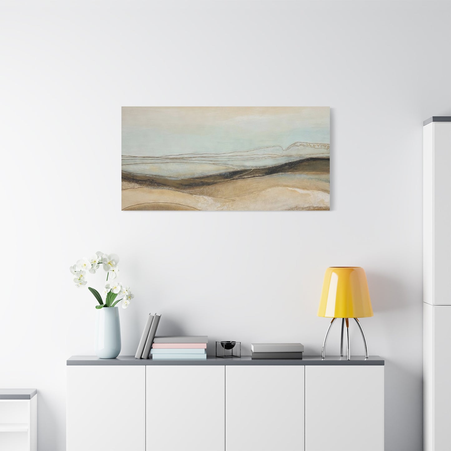 Abstract Coastal Landscape Matte Canvas Wall Art — Neutral Beach Waves Stretched Canvas