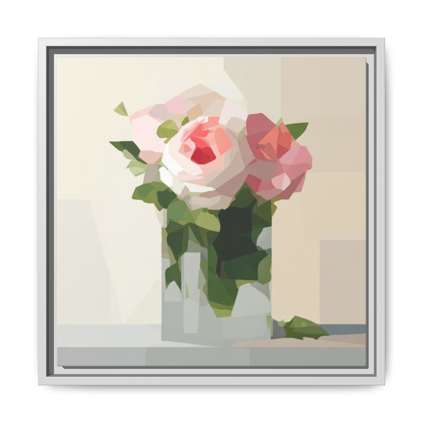 Framed Floral Canvas Print — Geometric Pink Rose Wall Art