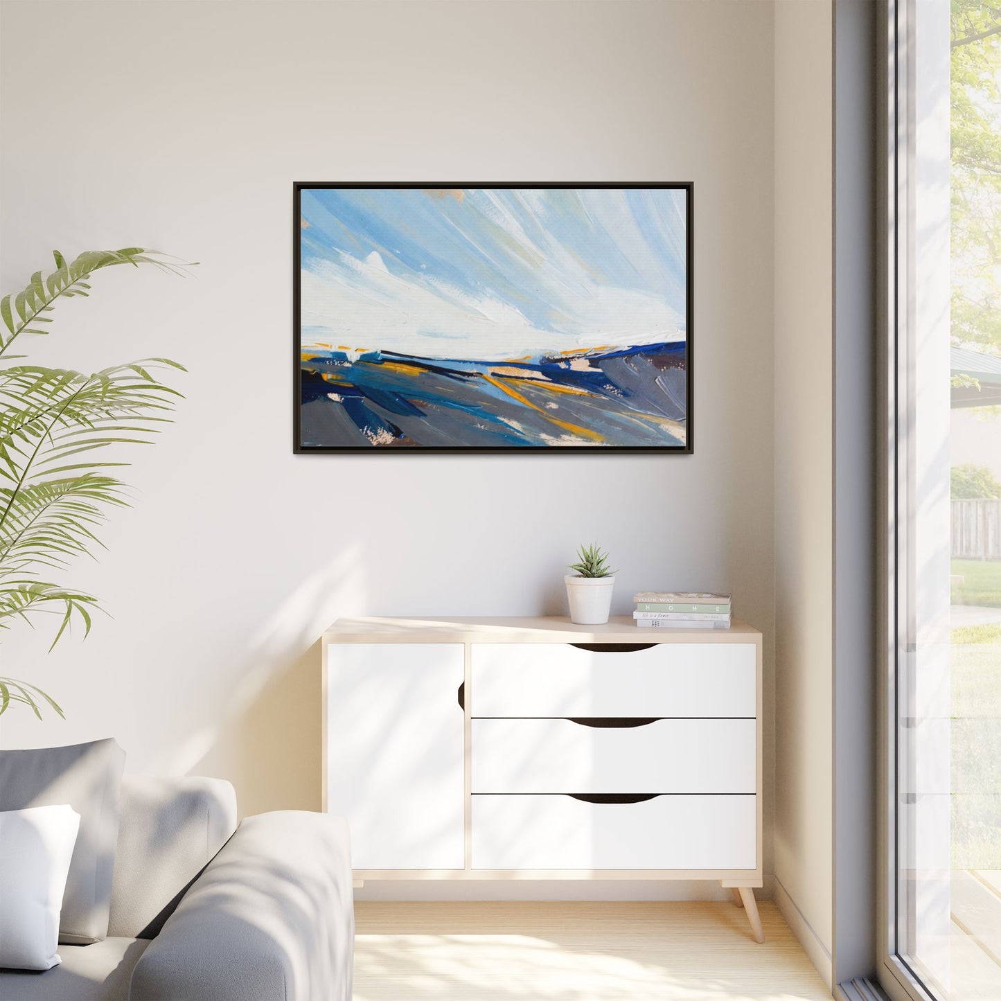 Framed Abstract Seascape Canvas Print — Matte Multi‑Color Wall Art