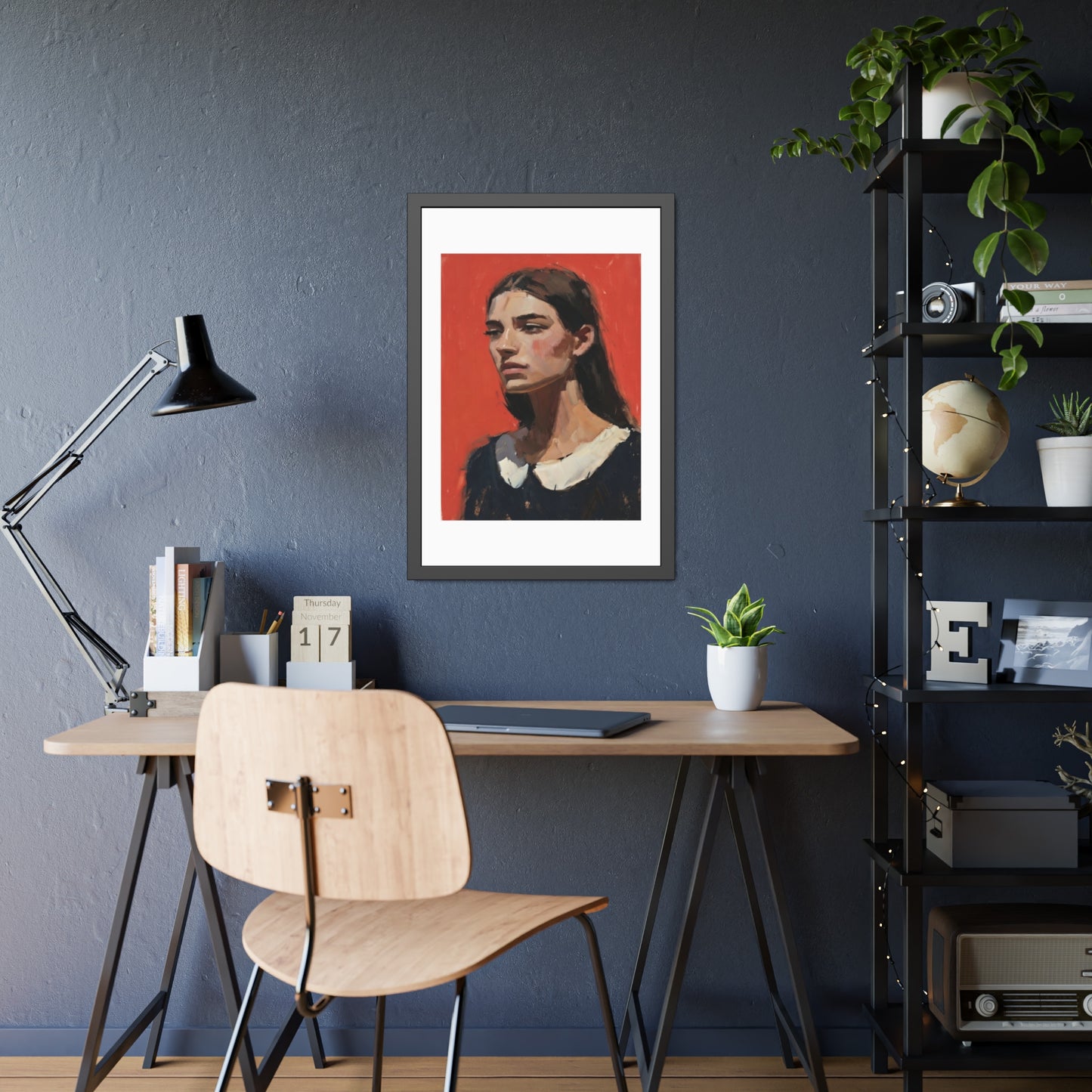 Framed Art Print — Distant Woman Portrait Painting on Red Background