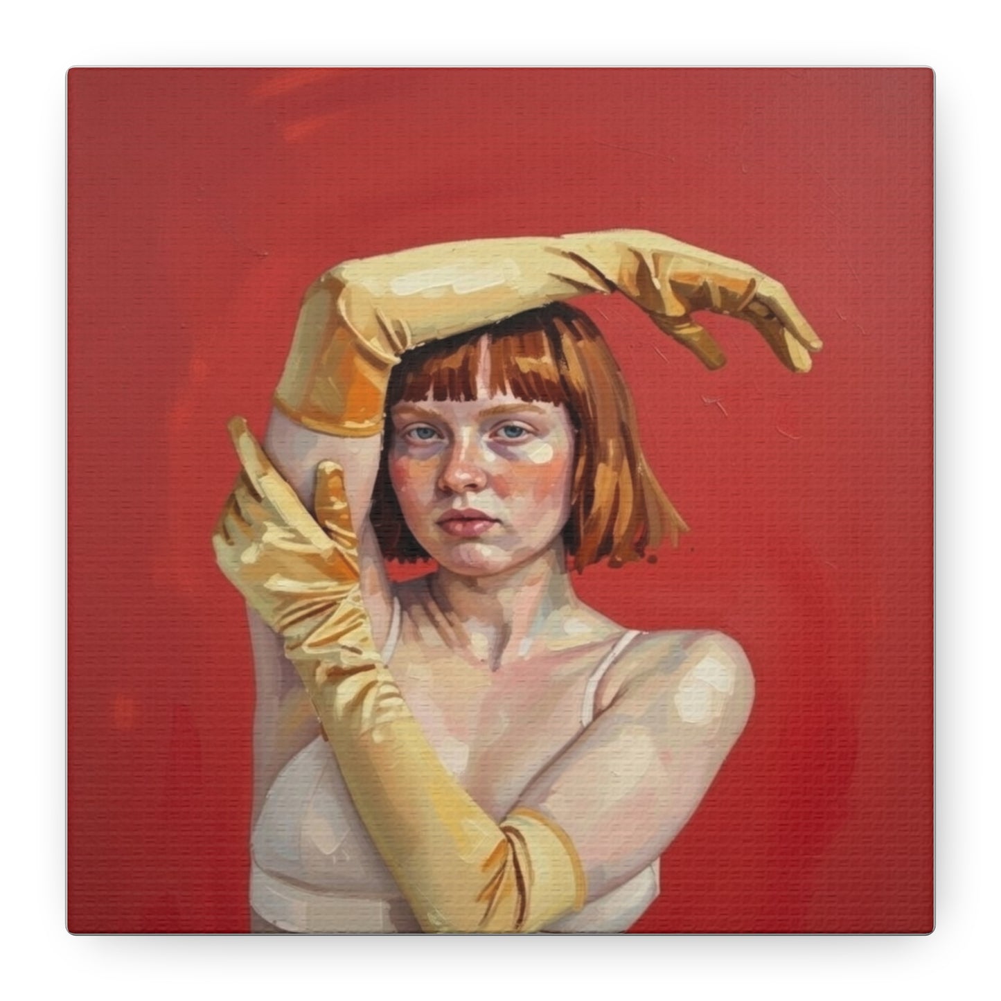 Figurative Portrait Canvas — Woman with Yellow Gloves on Red Background