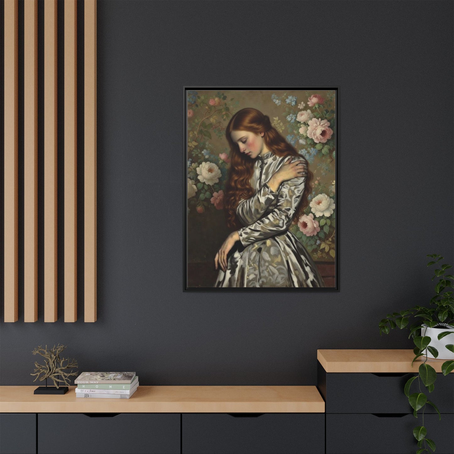 Framed Matte Canvas Art — Vintage Floral Portrait of a Young Woman