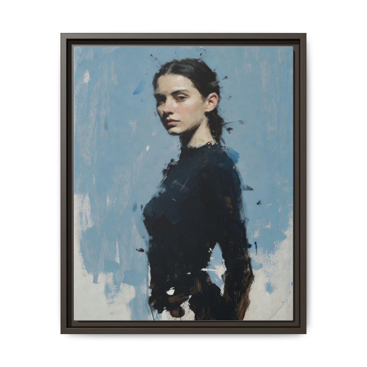 Framed Matte Canvas Portrait Print — Elegant Blue Woman Art