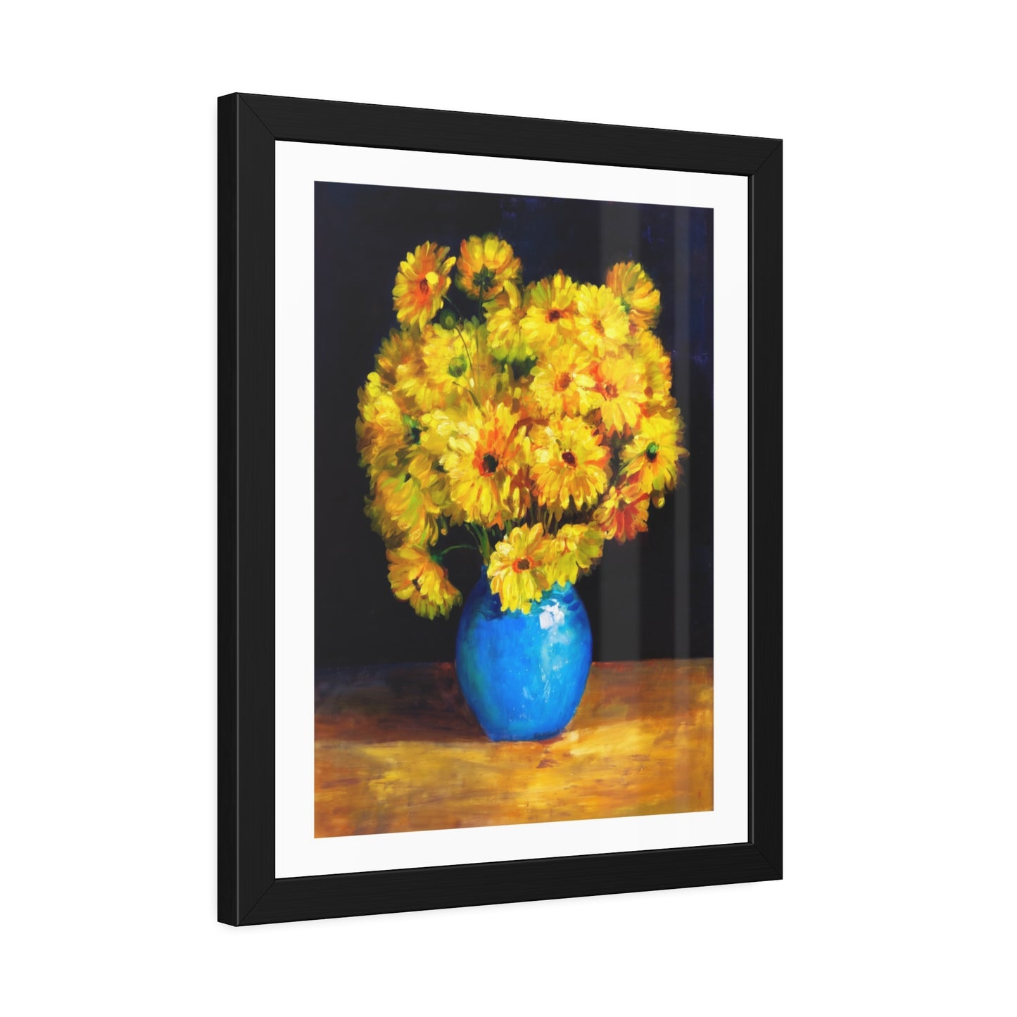 Framed Art Print — Yellow Daisy Bouquet in Blue Vase