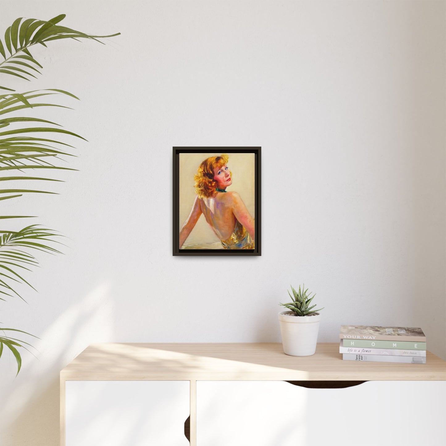 Framed Matte Canvas Print — Vintage Portrait of Redhead Greta Garbo in Gold Dress