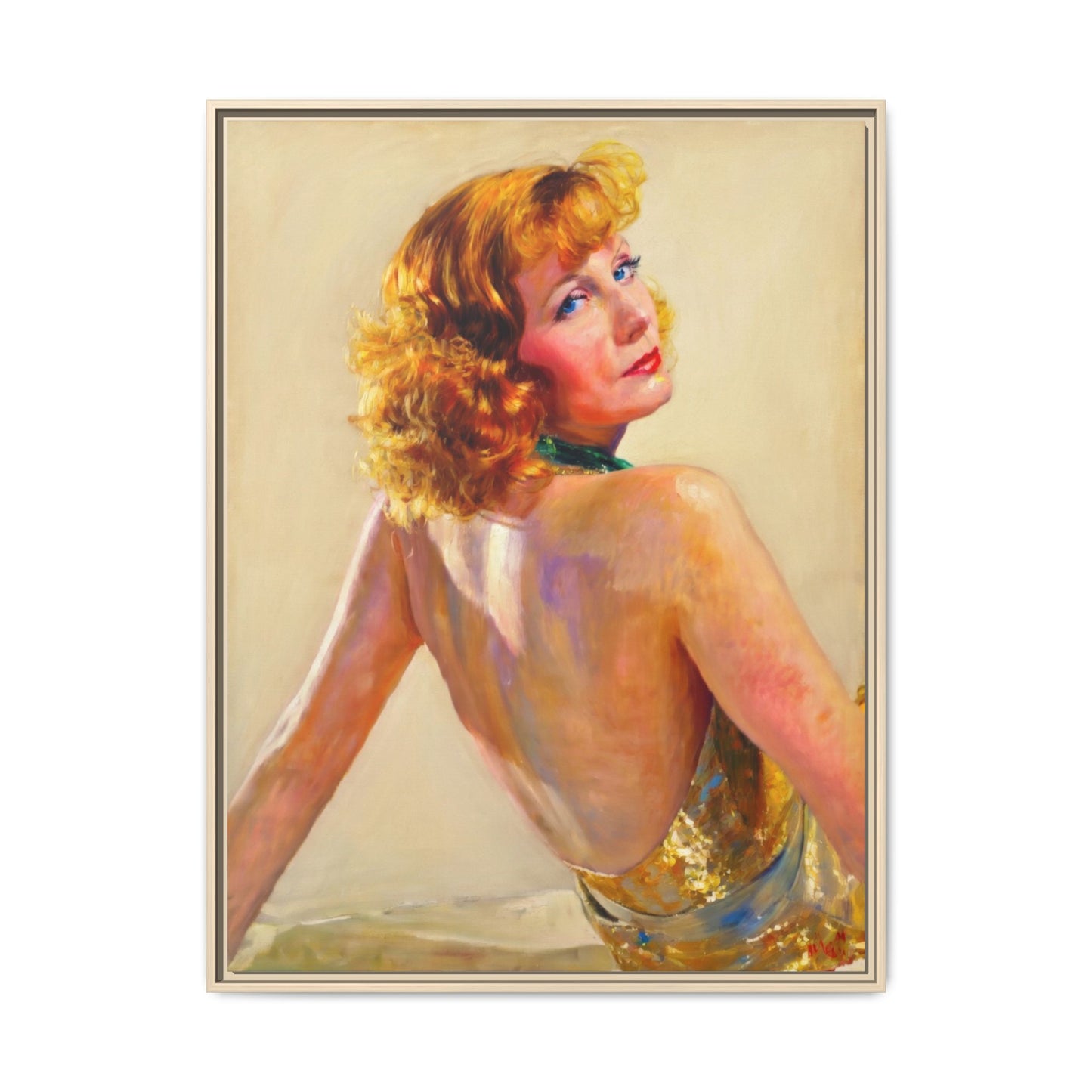 Framed Matte Canvas Print — Vintage Portrait of Redhead Greta Garbo in Gold Dress