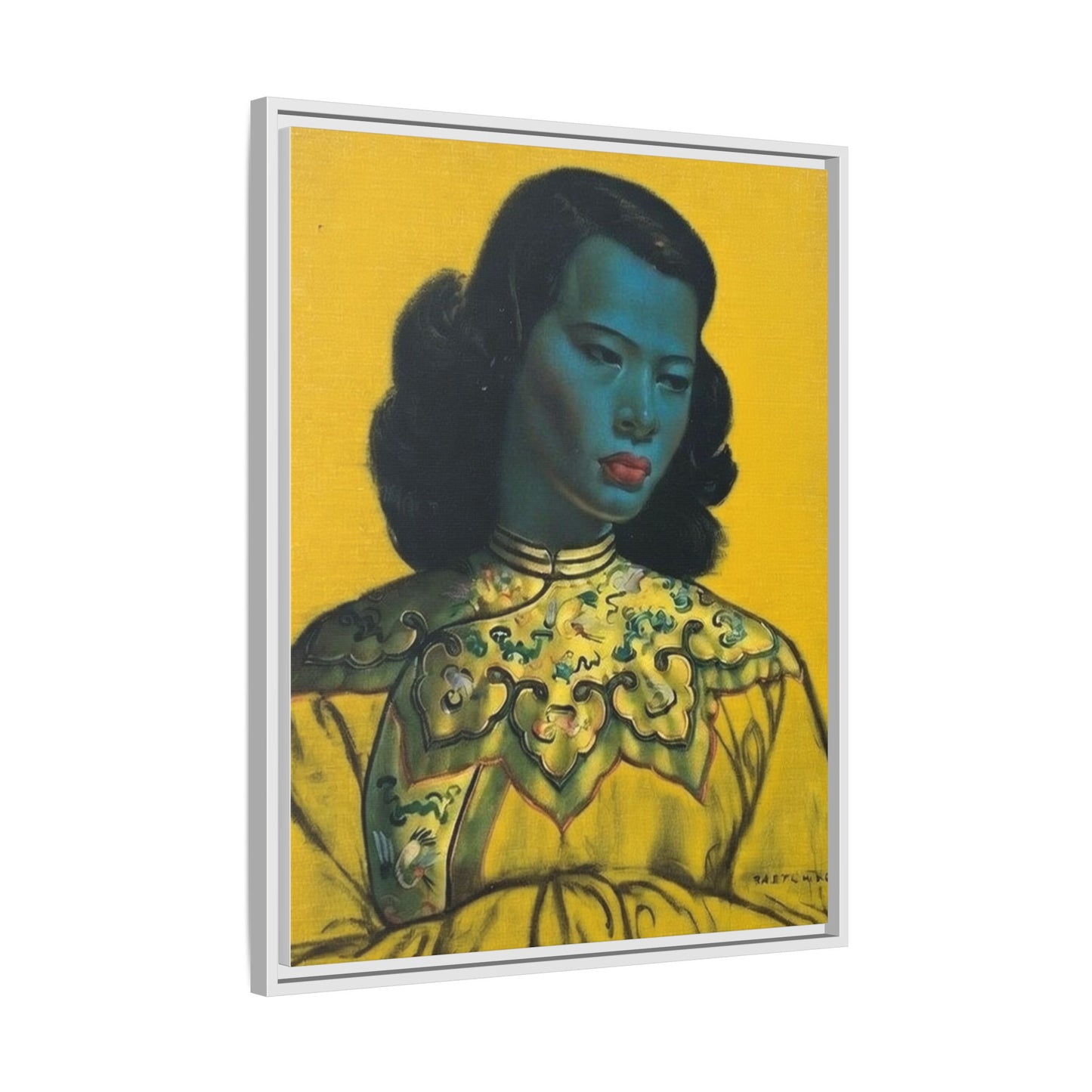 Framed Matte Canvas Art Print — Vintage Portrait with Yellow Background