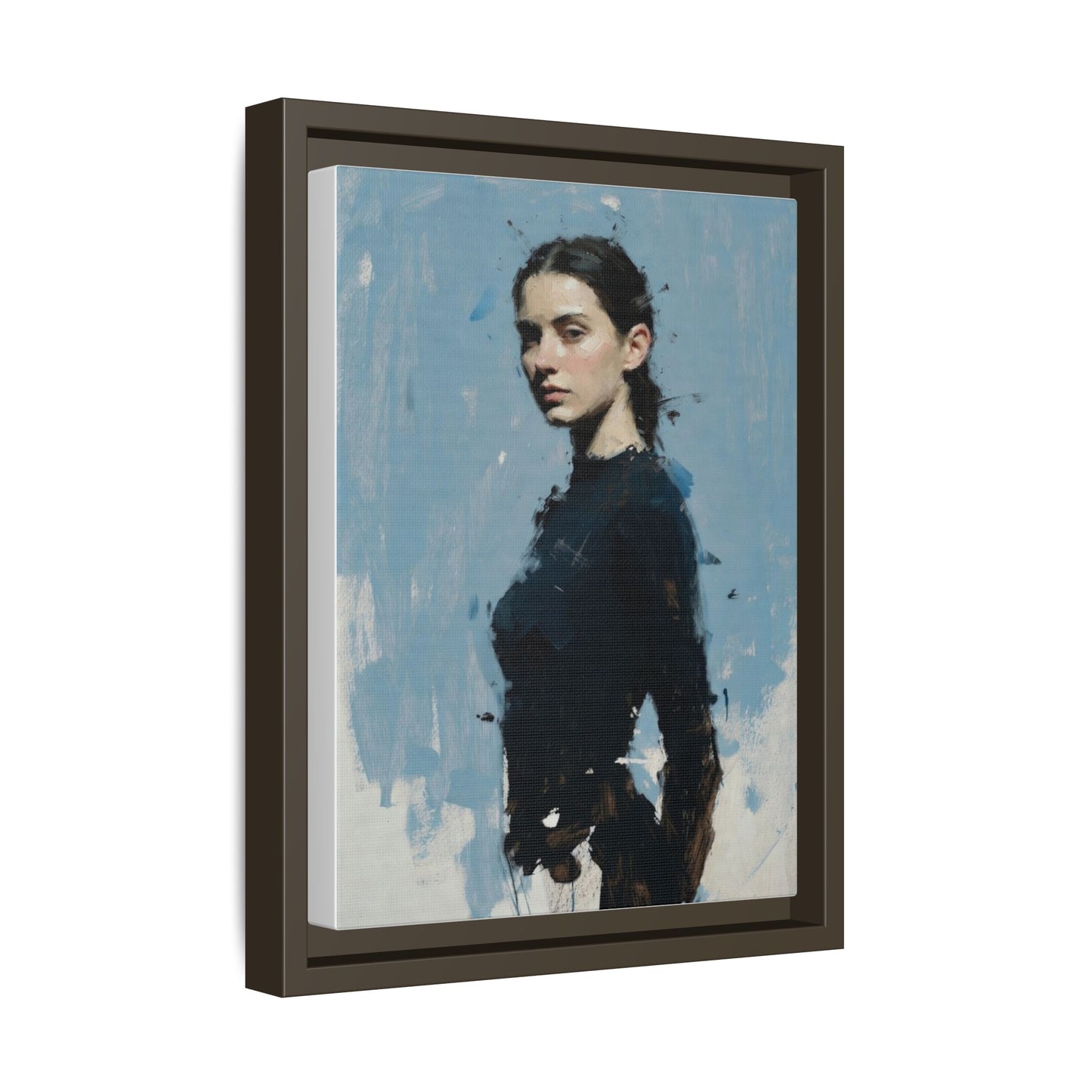 Framed Matte Canvas Portrait Print — Elegant Blue Woman Art