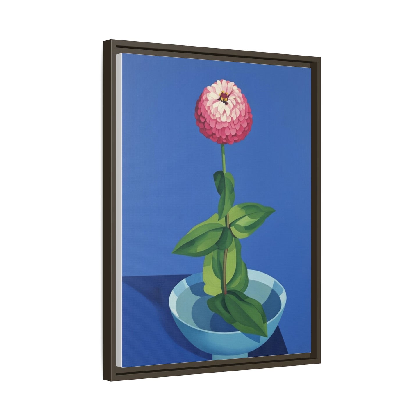 Framed Matte Canvas Art — Pink Zinnia in Blue Bowl (Botanical Still Life)
