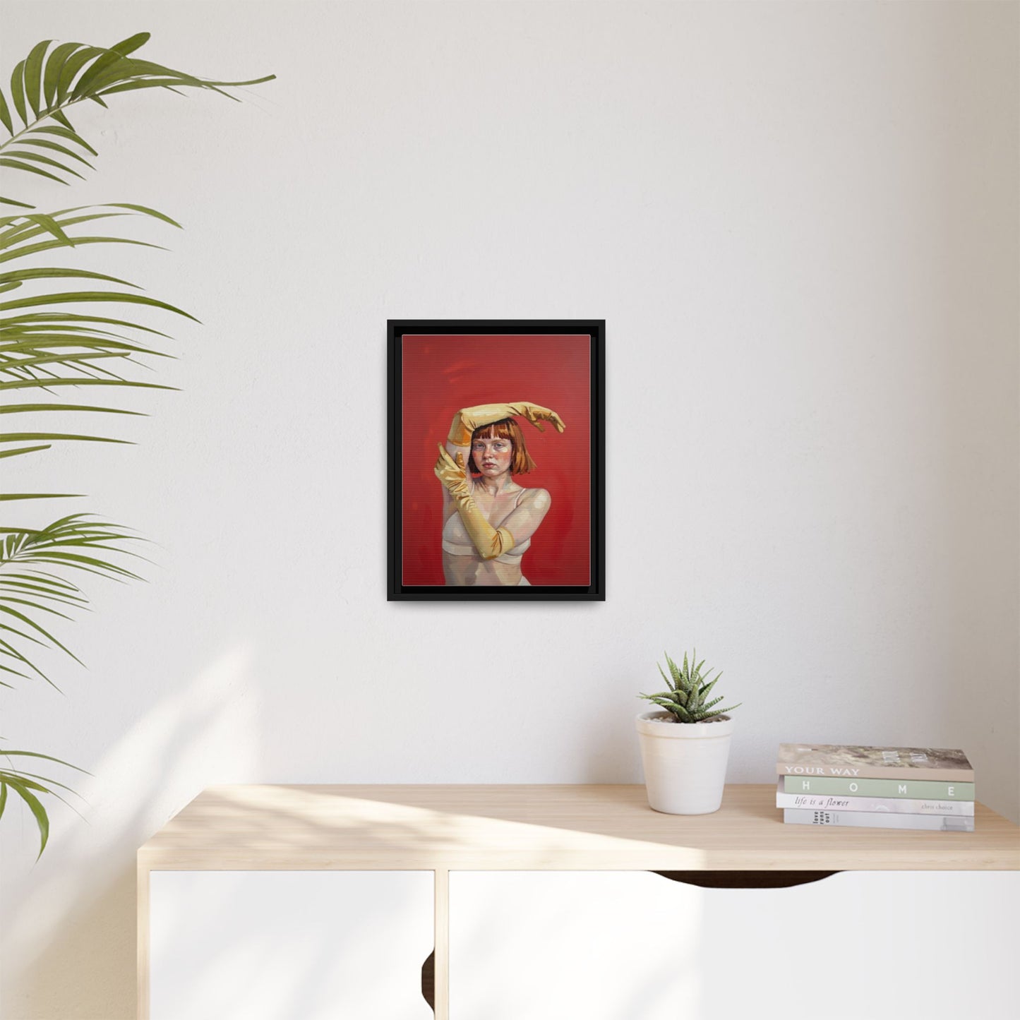 Framed Matte Canvas Art - Portrait of Woman in Yellow Gloves (Red Background)