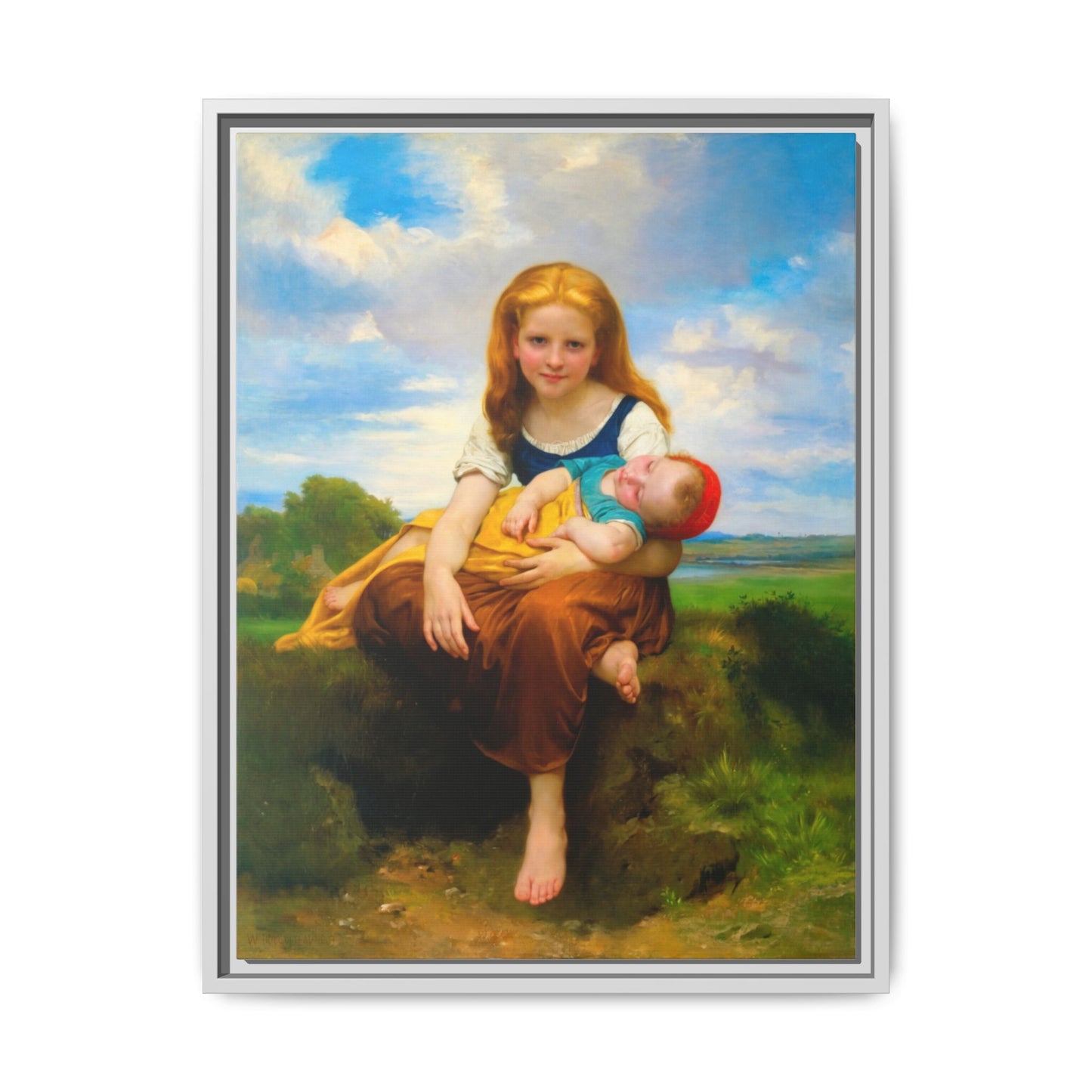 Young Girl Holding Sleeping Baby Canvas Print, Framed Wall Art