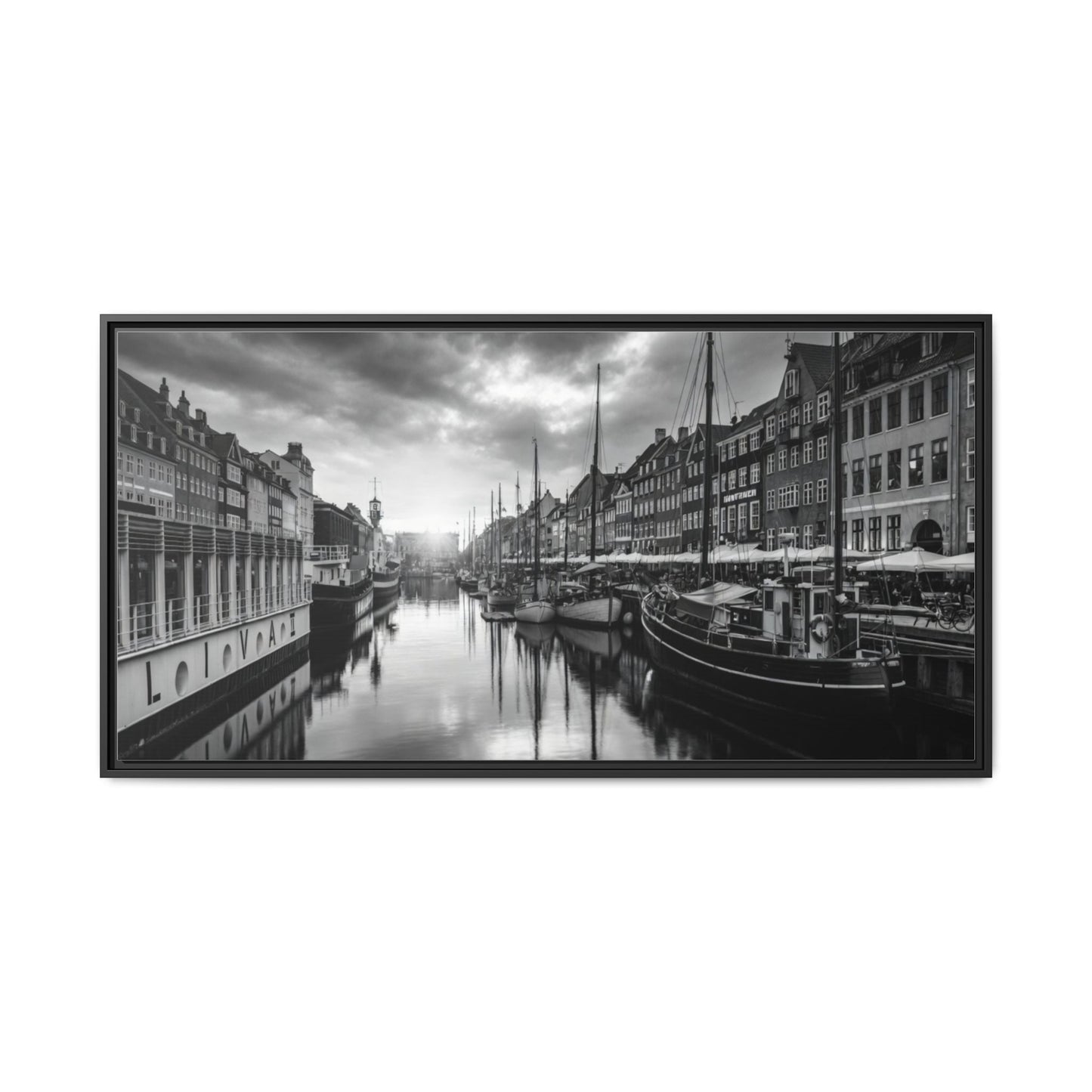 Framed Matte Canvas: Black & White Dutch Canal Photography Wall Art
