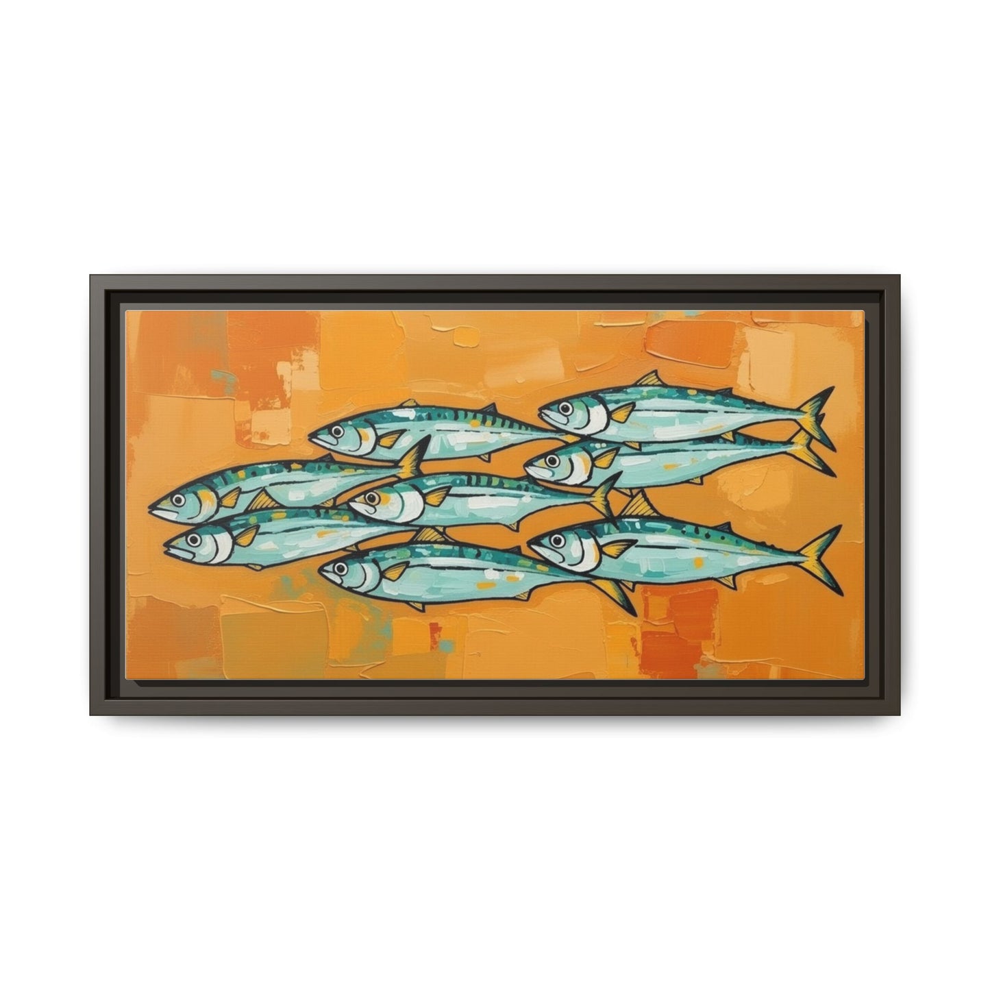 Framed Matte Canvas Print — School of Blue Fish on Orange Abstract Background