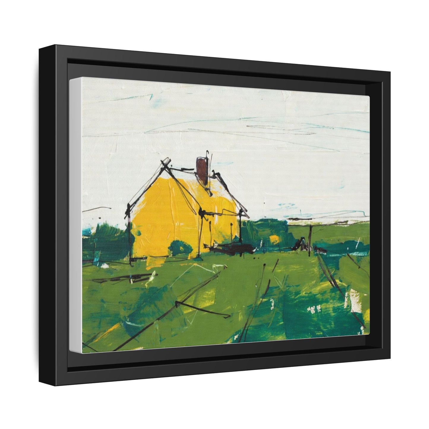 Yellow Cottage Landscape Framed Canvas Print