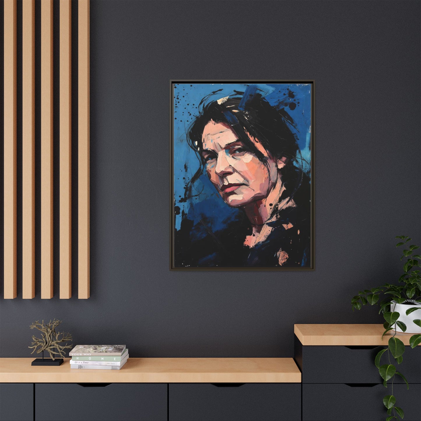 Framed Matte Canvas Portrait — Expressive Blue Painterly Woman Art