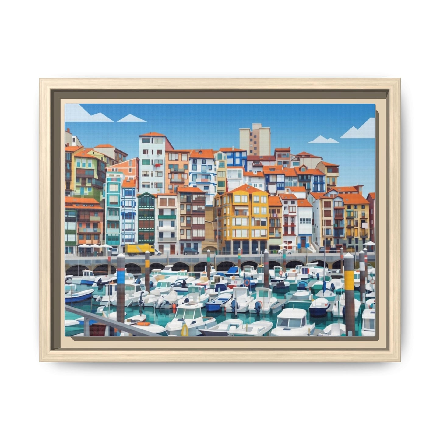 Framed Matte Canvas Print — Colorful Mediterranean Harbor Illustration