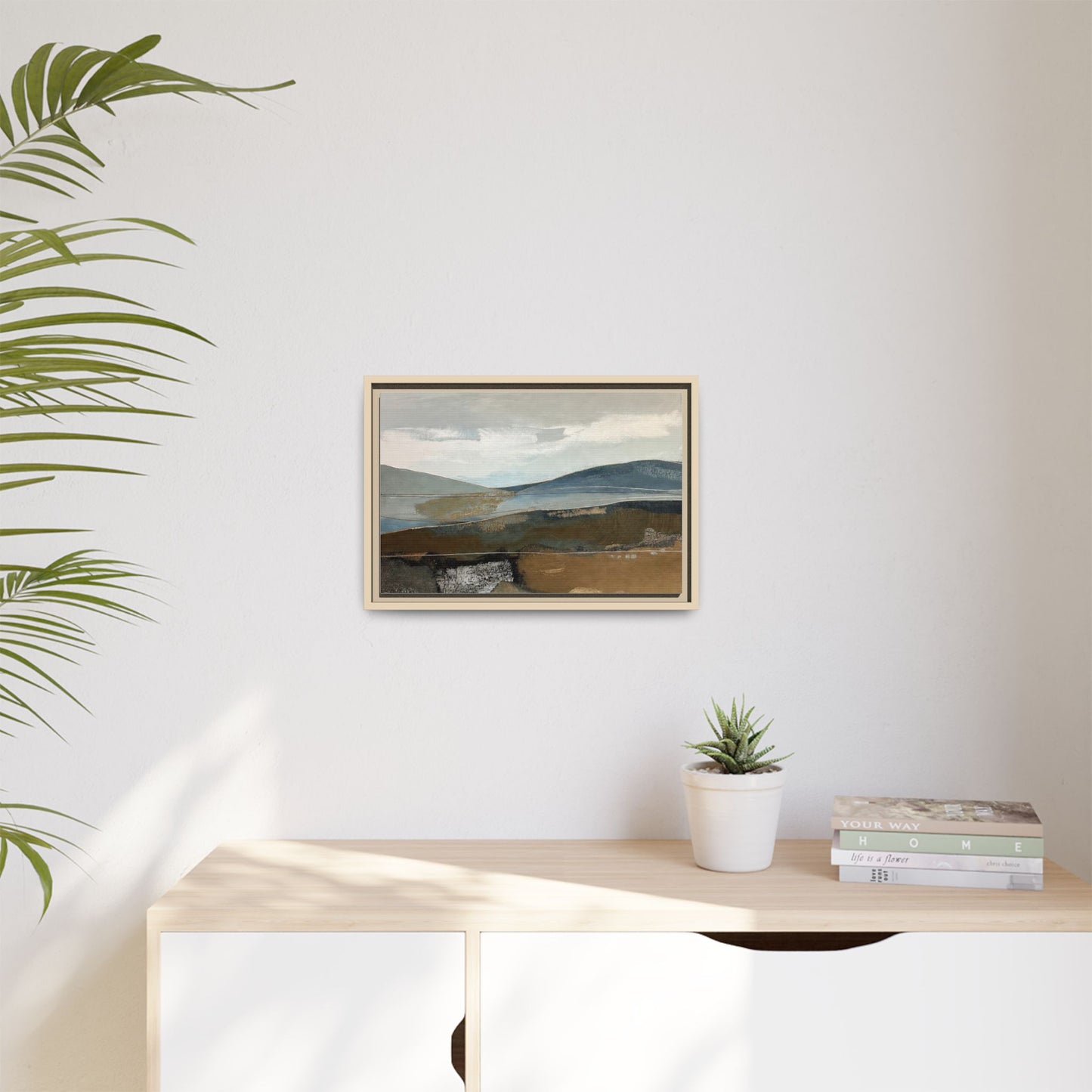 Framed Matte Canvas Landscape Art - Serene Abstract Hills in Blue & Earth Tones