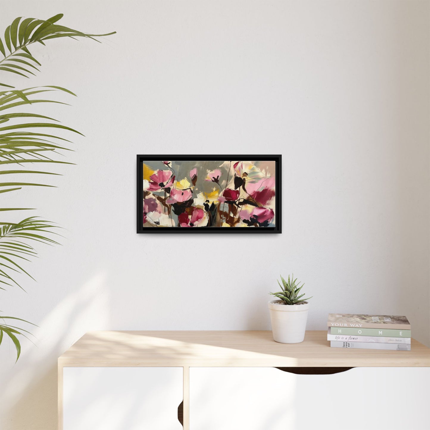 Framed Floral Canvas Wall Art — Abstract Pink & Yellow Flowers