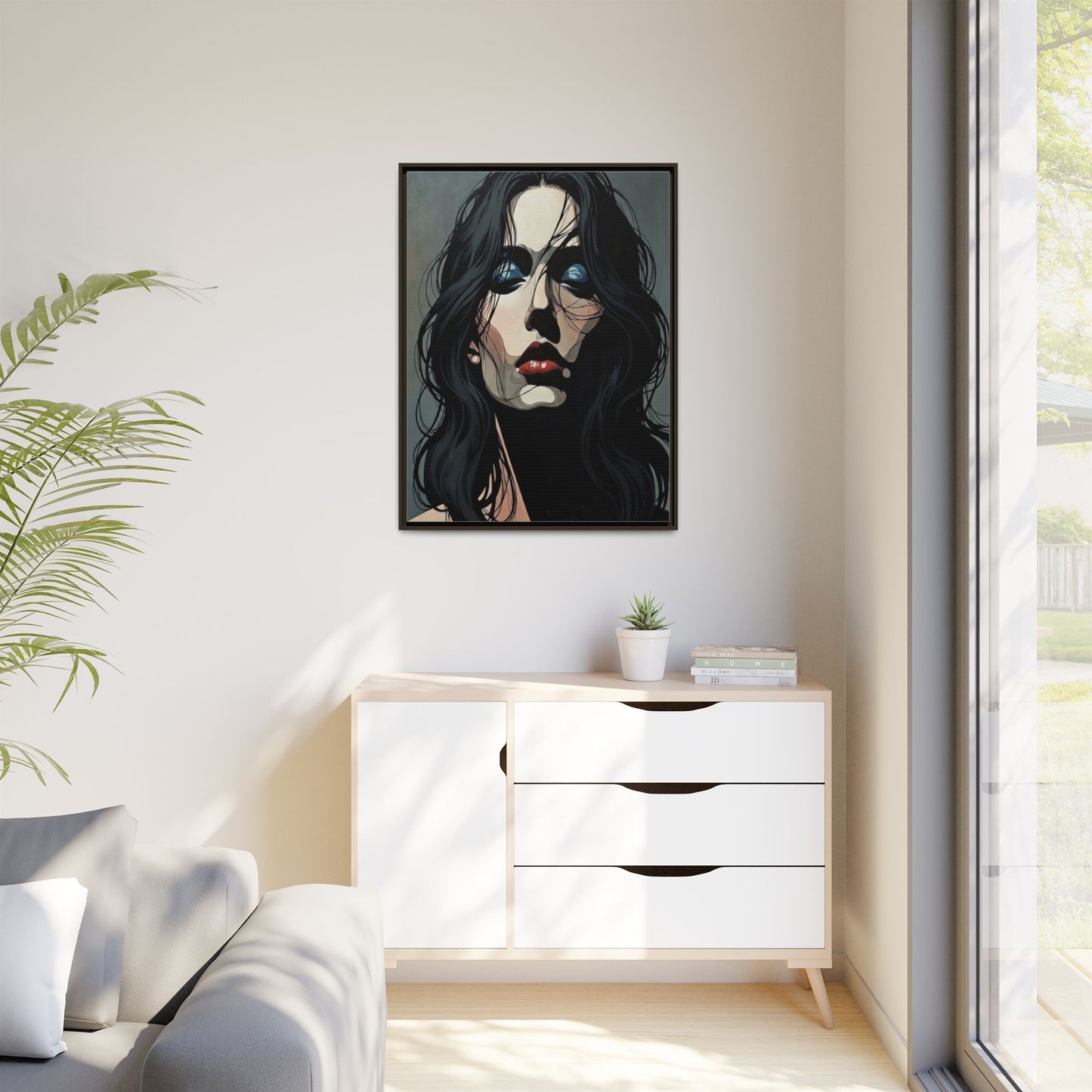 Framed Matte Canvas: Moody Portrait of Woman – Modern Gothic Wall Art