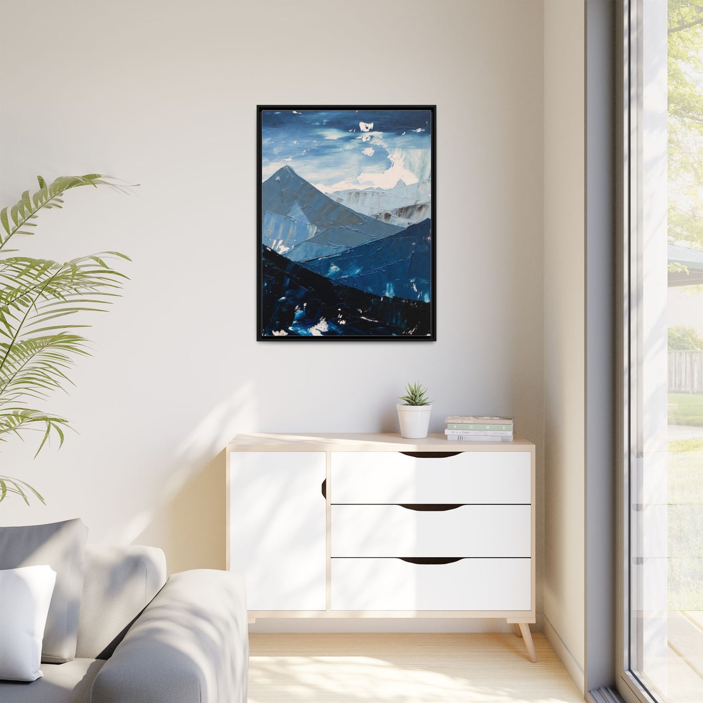 Blue Mountain Landscape Matte Canvas Framed | Abstract Mountain Wall Art