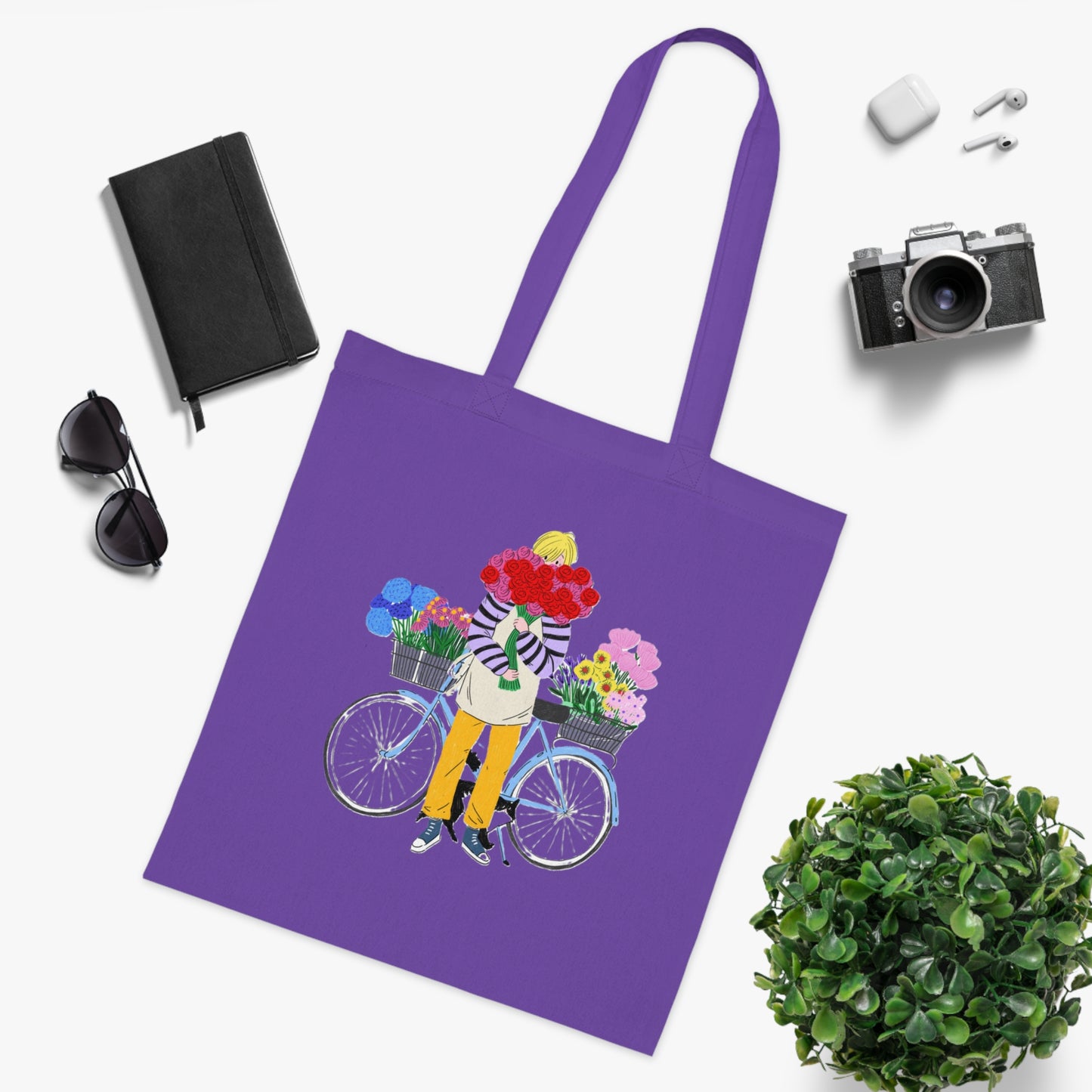 Floral Bike Tote Bag — Cotton Market Tote with Colorful Flower Bicycle Design