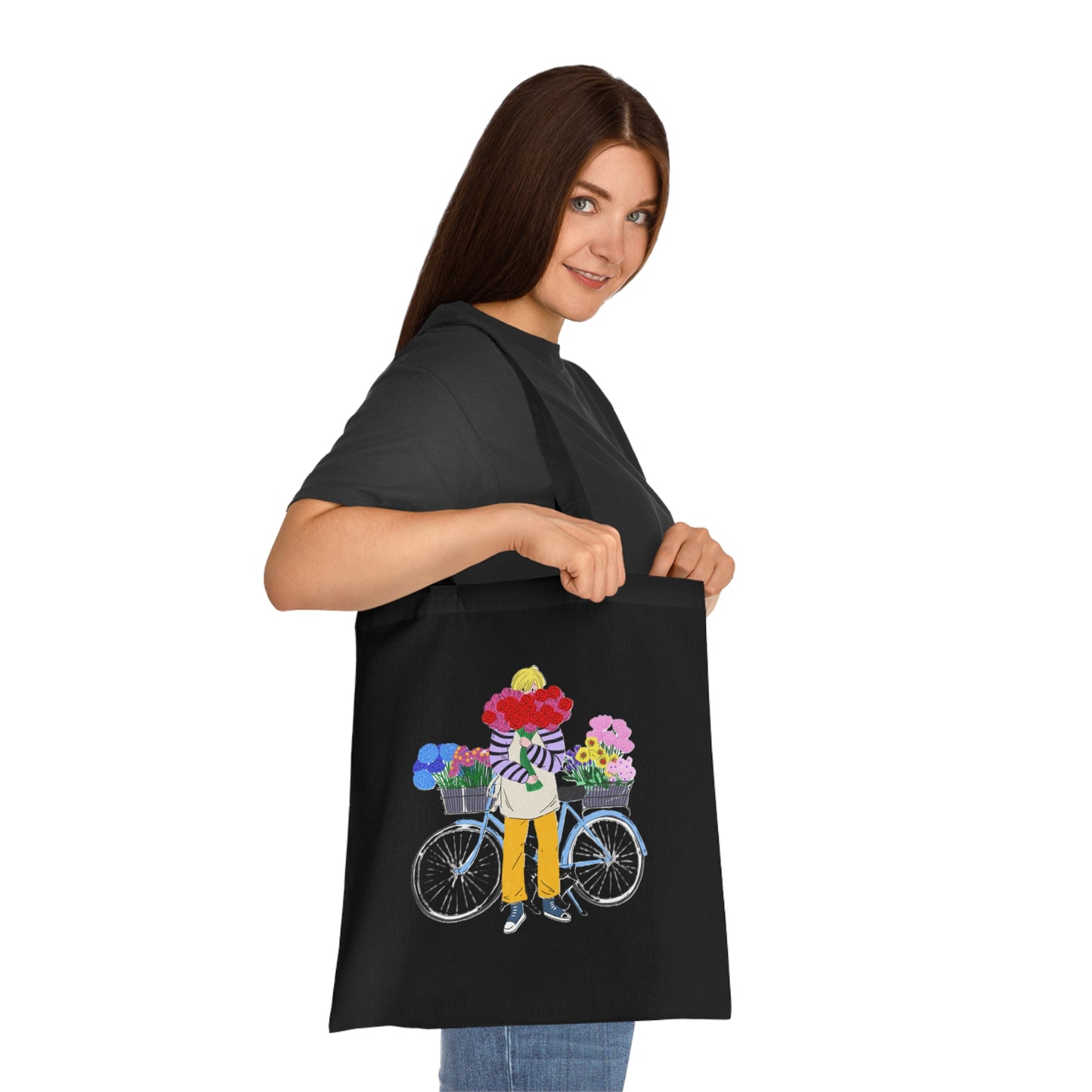Floral Bike Tote Bag — Cotton Market Tote with Colorful Flower Bicycle Design
