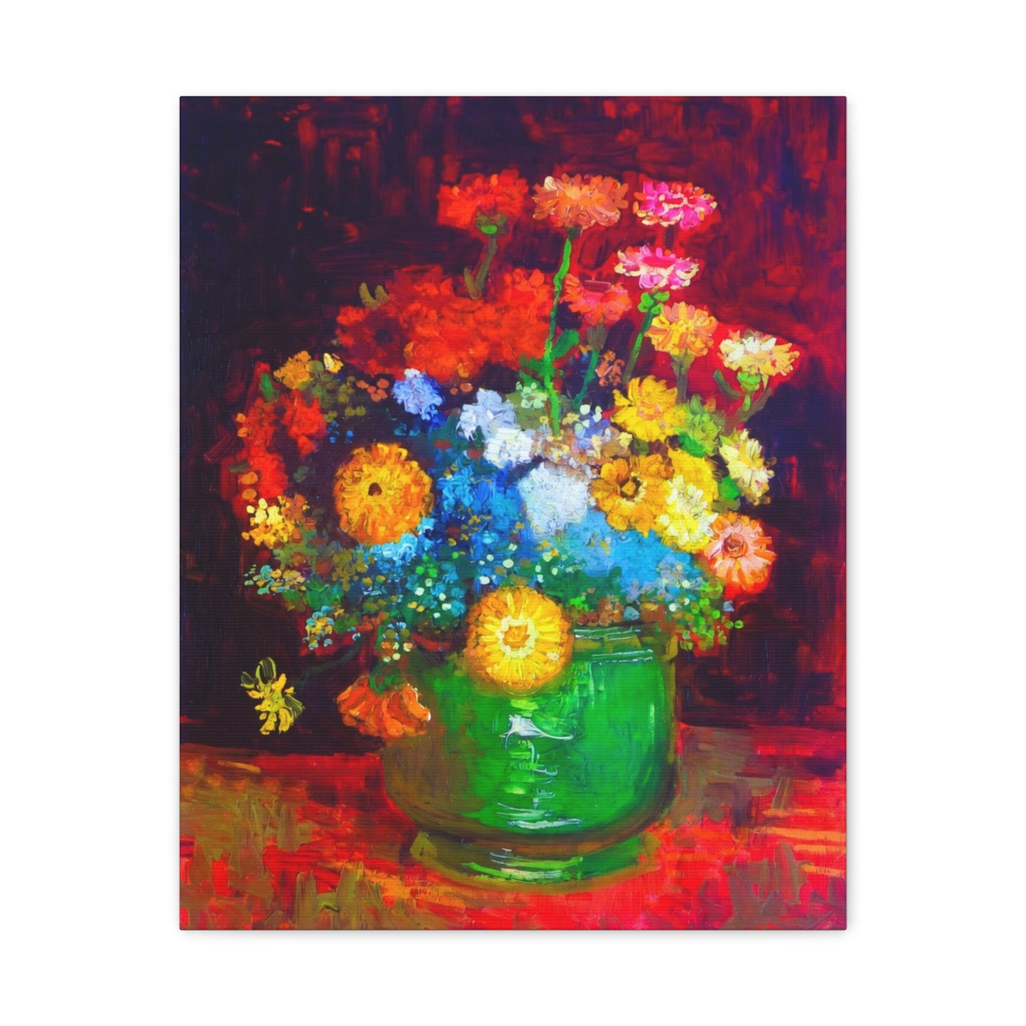 Floral Still Life Canvas Print — Vibrant Bouquet in Green Vase