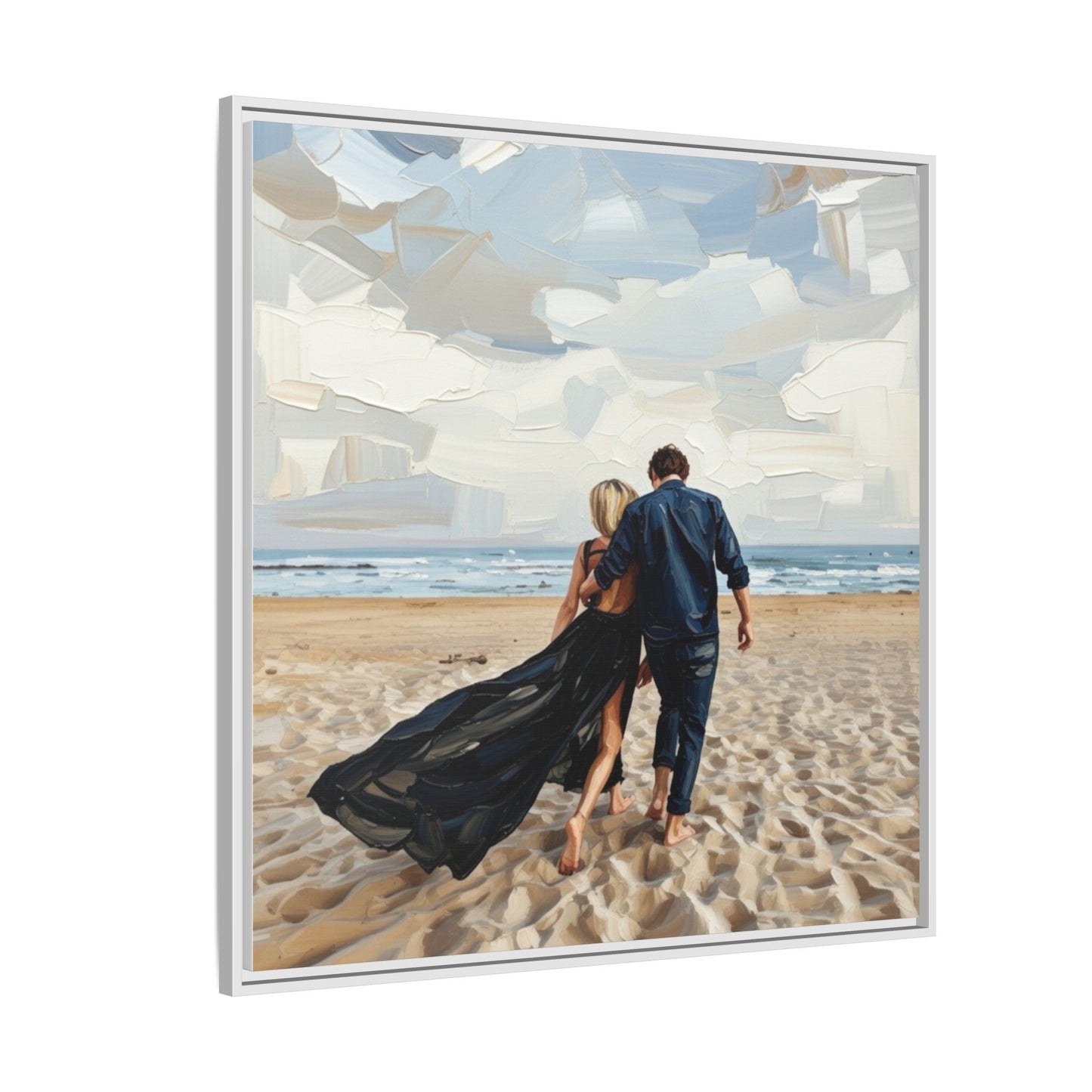Framed Canvas Wall Art — Romantic Couple Walking on Beach Print