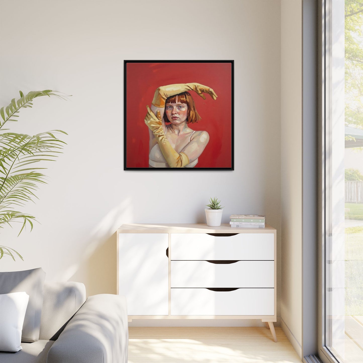 Framed Matte Canvas Art - Portrait of Woman in Yellow Gloves (Red Background)