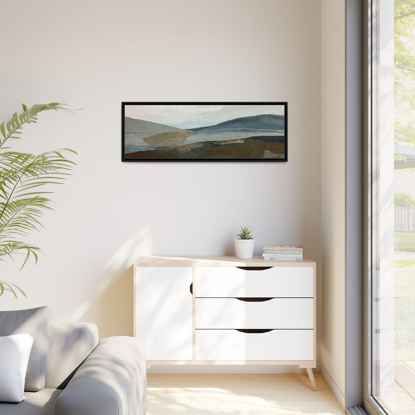 Framed Matte Canvas Landscape Art - Serene Abstract Hills in Blue & Earth Tones