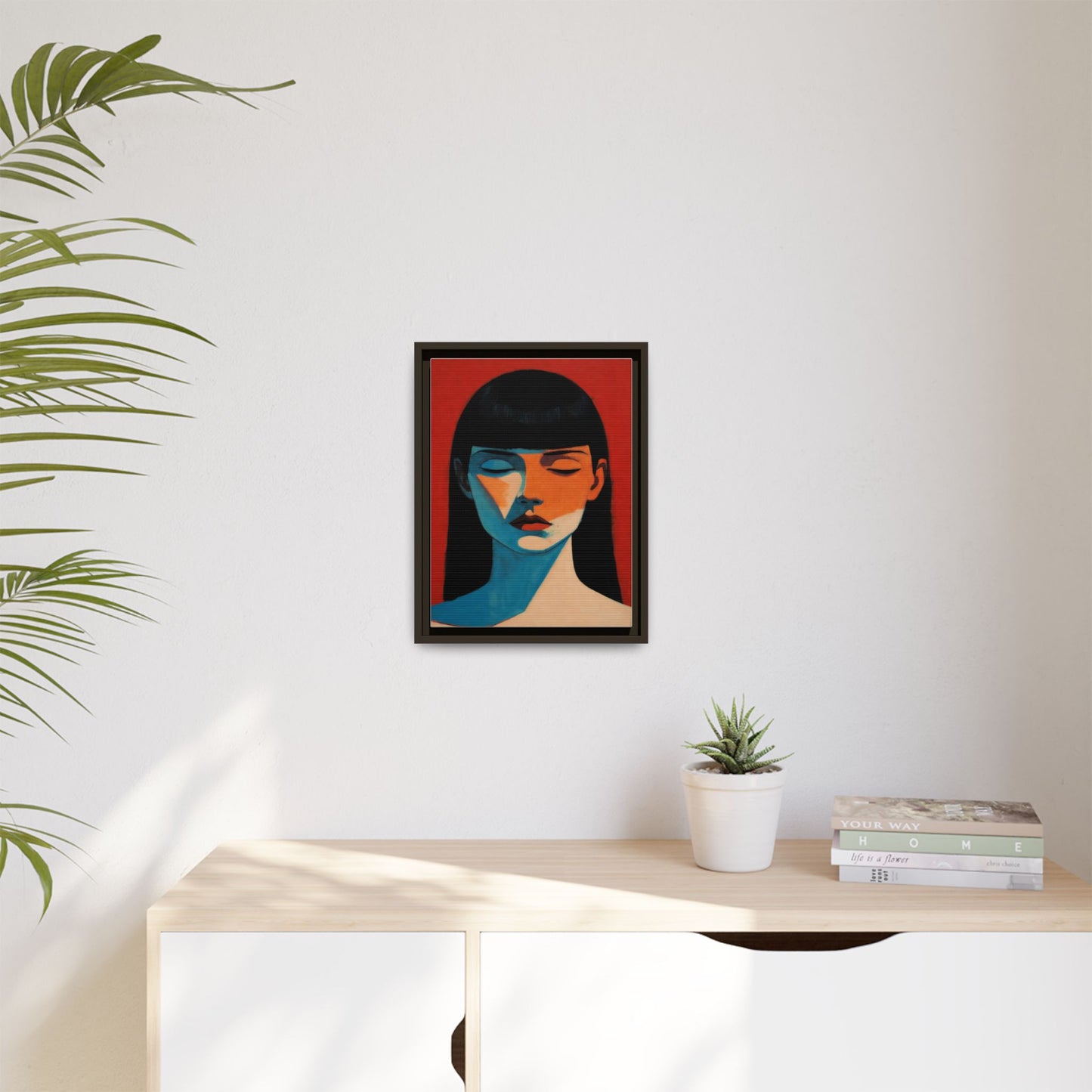 Framed Matte Canvas Art – Minimalist Portrait in Red & Teal