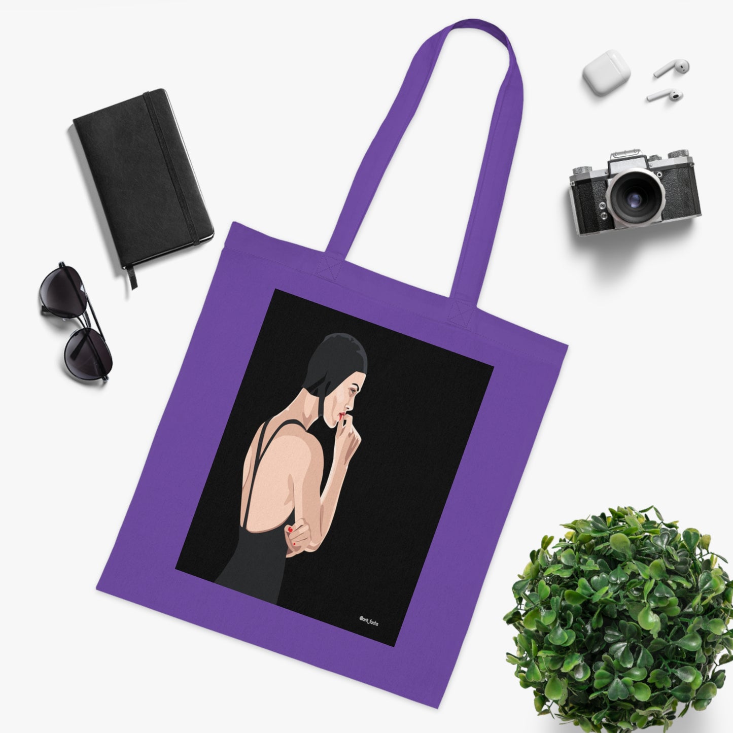 Minimalist Femme Portrait Cotton Tote — Chic Black-Back Illustration Tote Bag