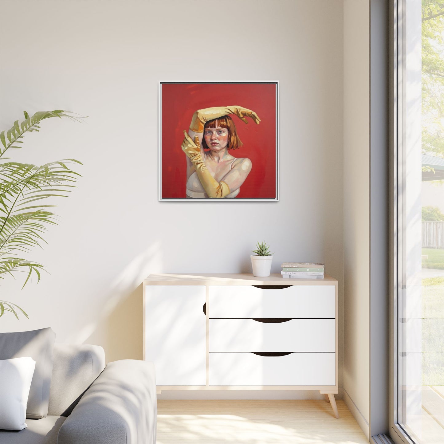 Framed Matte Canvas Art - Portrait of Woman in Yellow Gloves (Red Background)