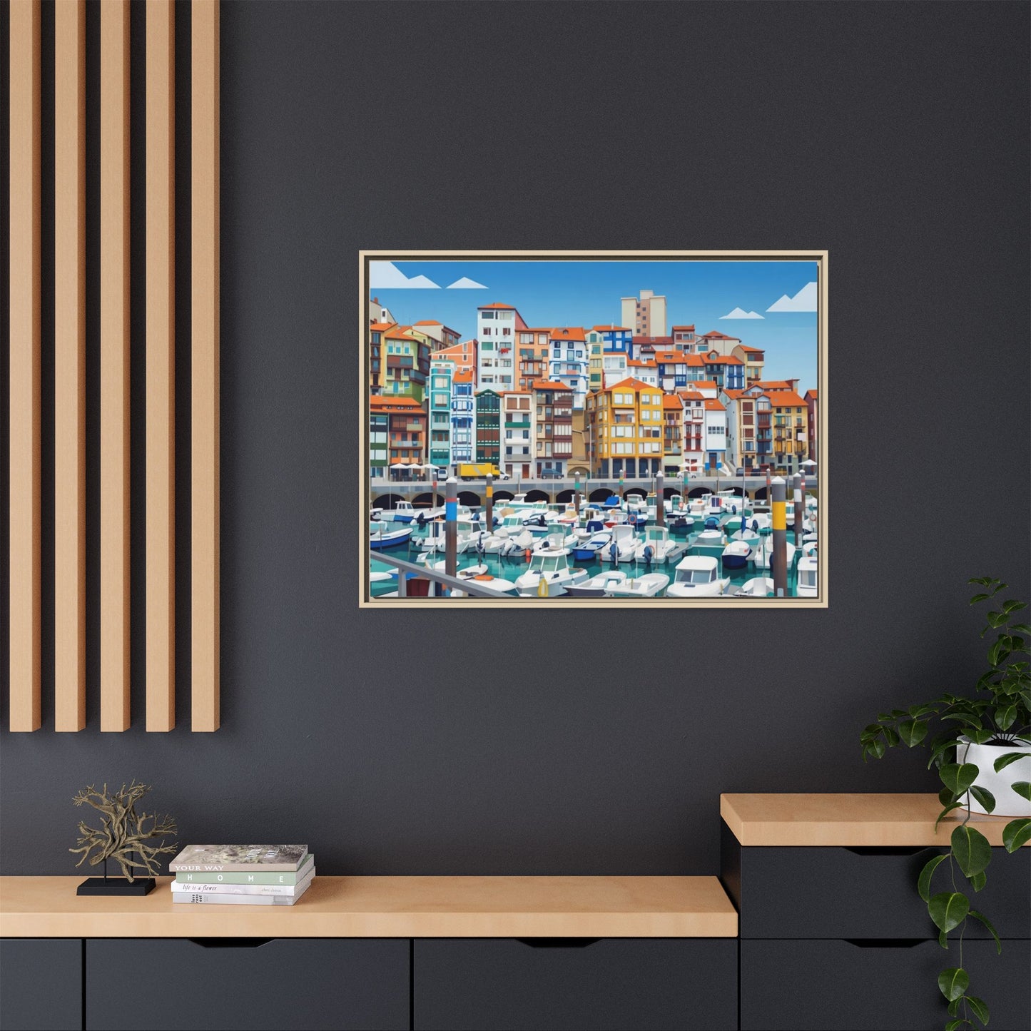 Framed Matte Canvas Print — Colorful Mediterranean Harbor Illustration