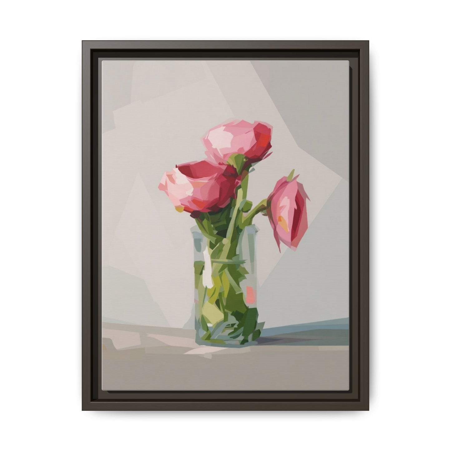 Framed Canvas Art — Pink Roses in Vase, Modern Floral Wall Print
