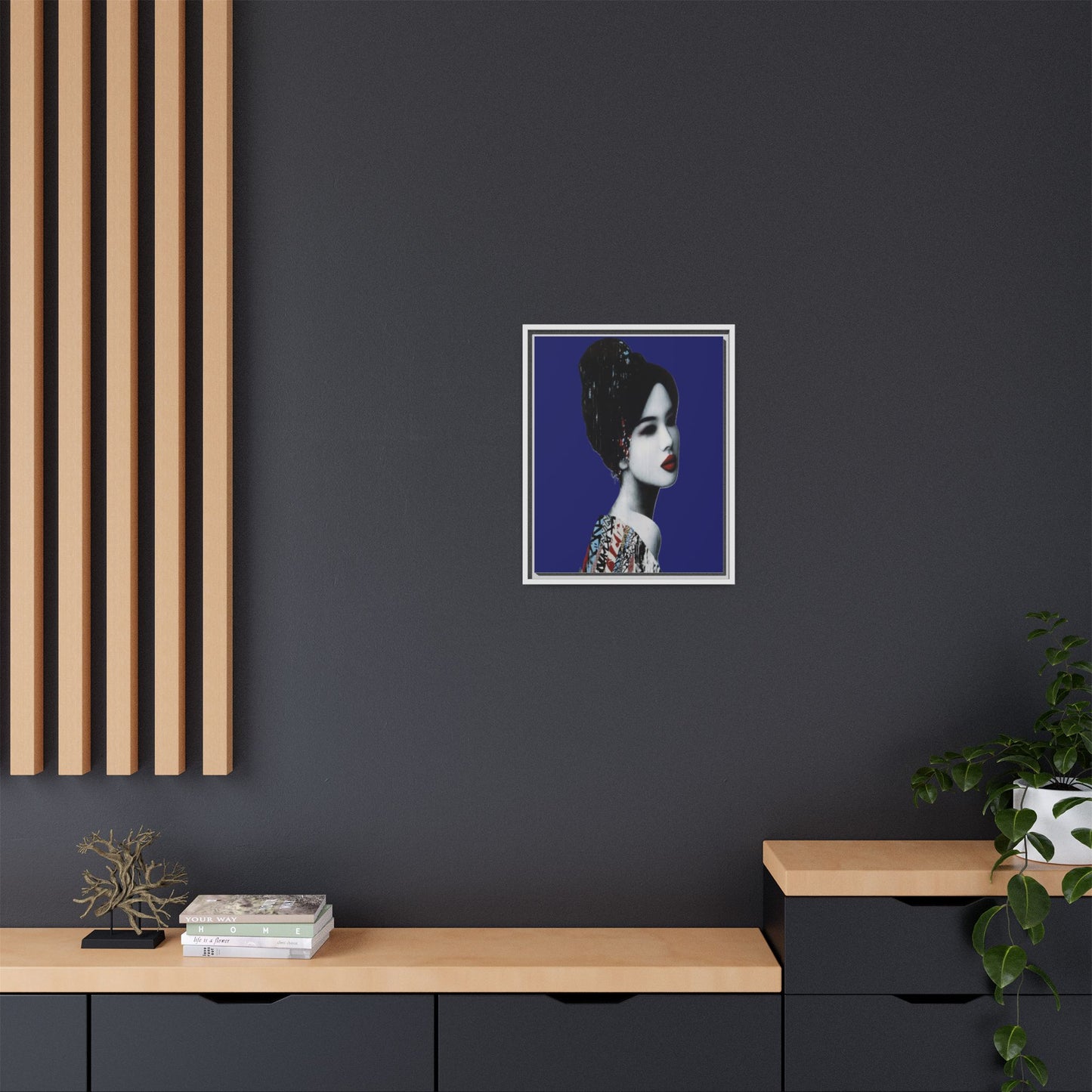 Framed Matte Canvas Art — Elegant Geisha Portrait on Deep Blue