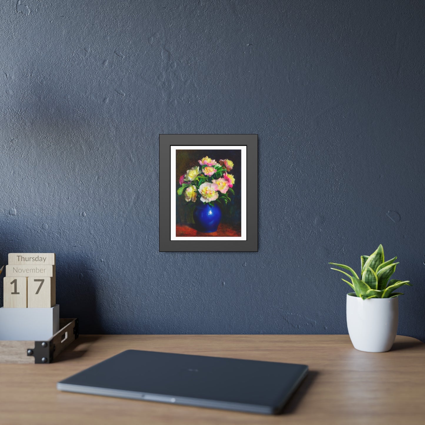 Framed Floral Poster — Pink Peonies in Blue Vase Wall Art