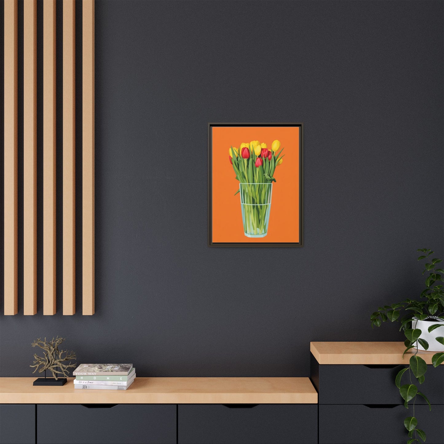 Framed Tulip Canvas Print — Colorful Tulips in Glass Vase