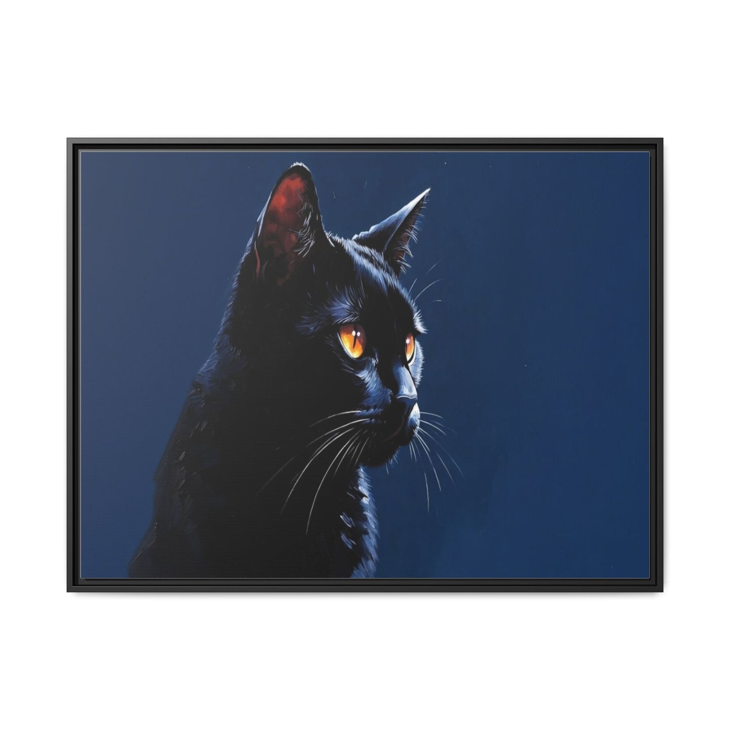 Black Cat Portrait Matte Canvas Framed Wall Art — Dramatic Feline Photo Print