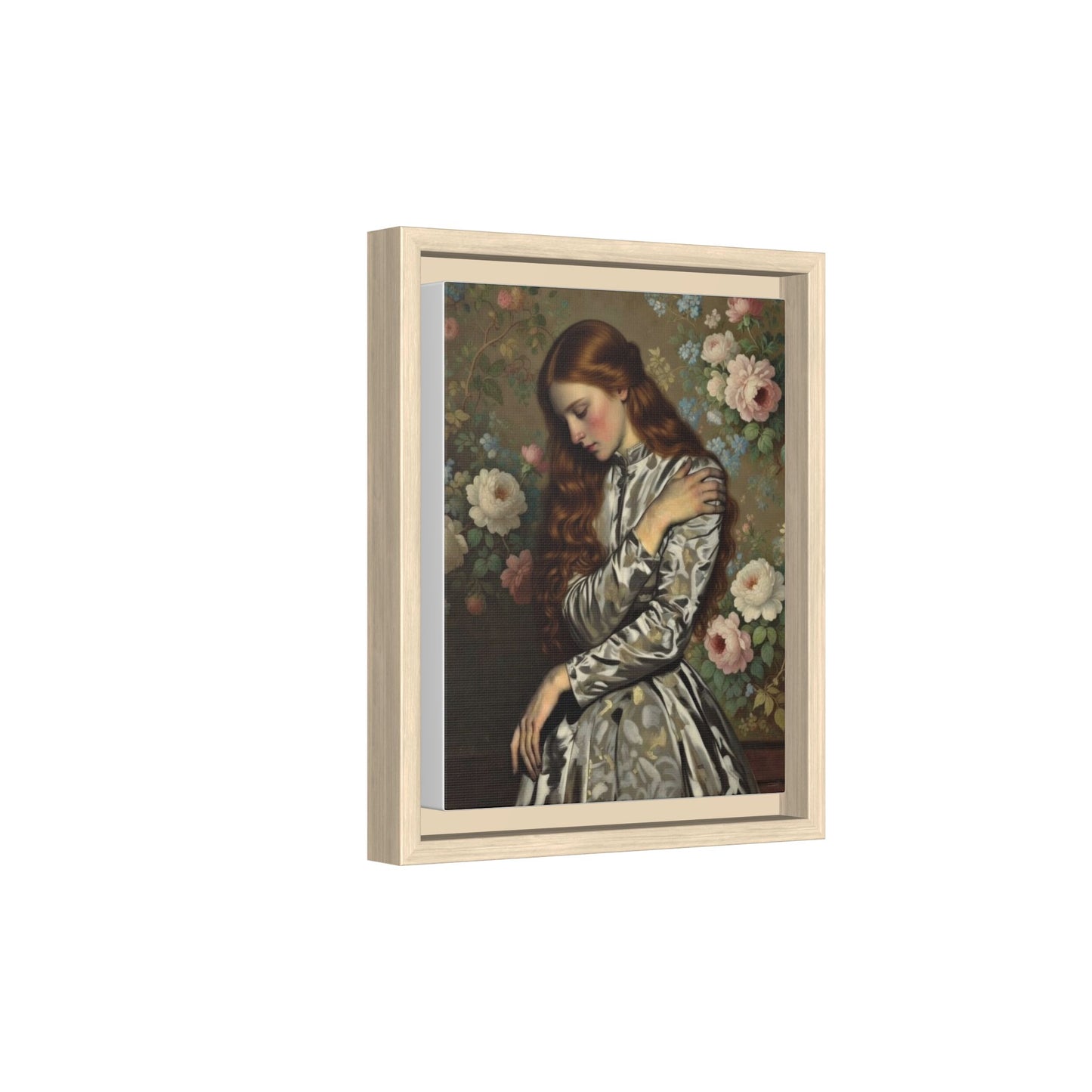 Framed Matte Canvas Art — Vintage Floral Portrait of a Young Woman