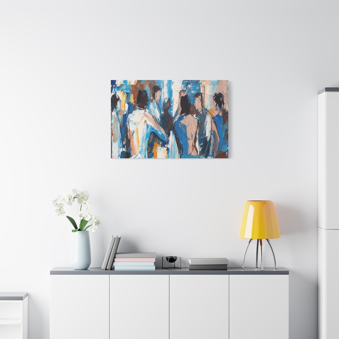 Abstract Figurative Canvas Art — Blue Social Scene Matte Stretched Canvas