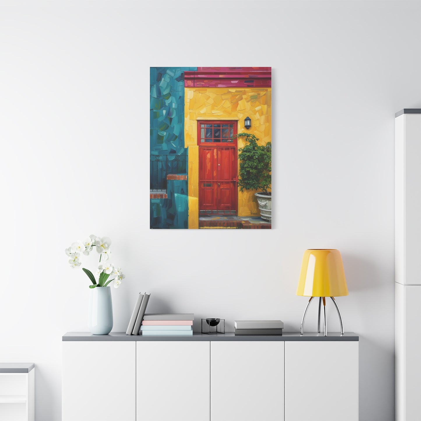 Colorful Doorway Canvas Wall Art — Vibrant Yellow & Teal Street Scene, Matte Stretched Print