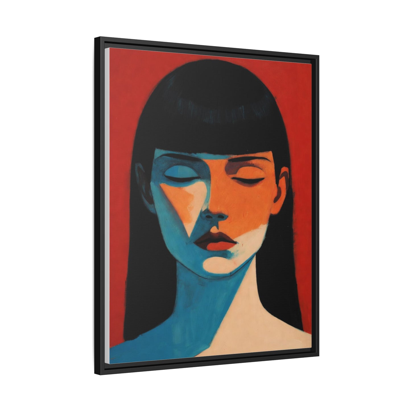 Framed Matte Canvas Art – Minimalist Portrait in Red & Teal
